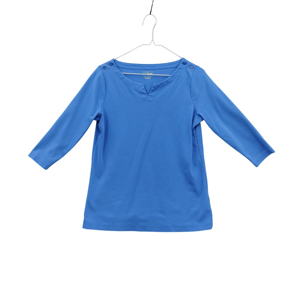 LL Bean Womens Preppy Coastal Nautical 3/4 Sleeve Top M Blue Button Shoulder